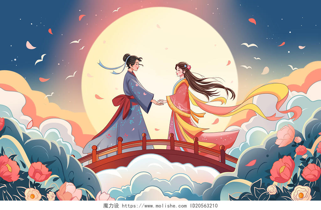 彩色卡通手绘中国传统七夕节情人节原创插画海报